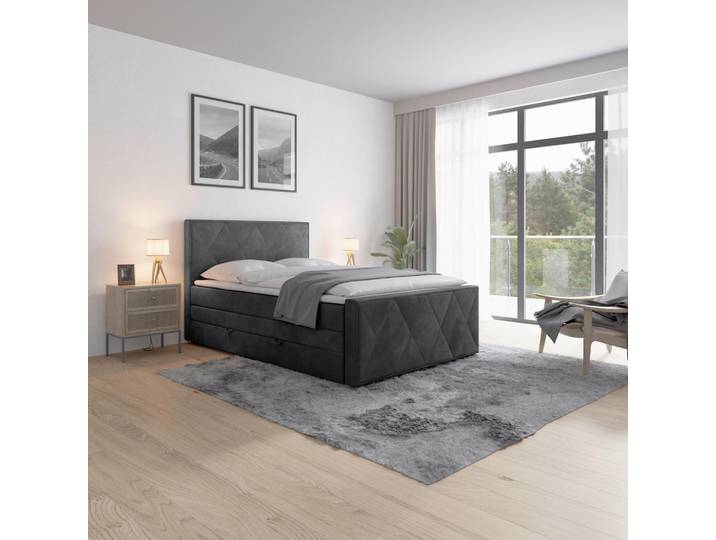 Boxspringbett, Schwarz, 140x200 cm, Textil, Federkernmatratze, 7-Zonen, MID.YOU