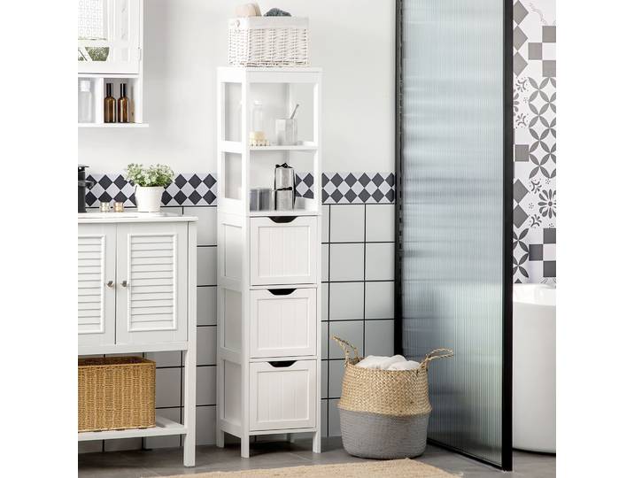 HOMCOM Armoire Haute Salle de Bain Moderne 3 Tiroirs Blanc