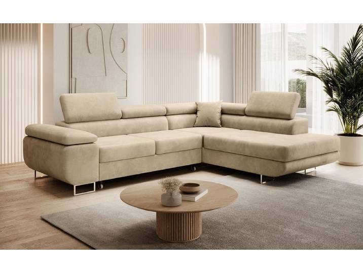 Designer Ecksofa Aston mit Schlaf- und Klappfunktion aus Samt - Beige - Rechts - Samt - Luxusbetten24