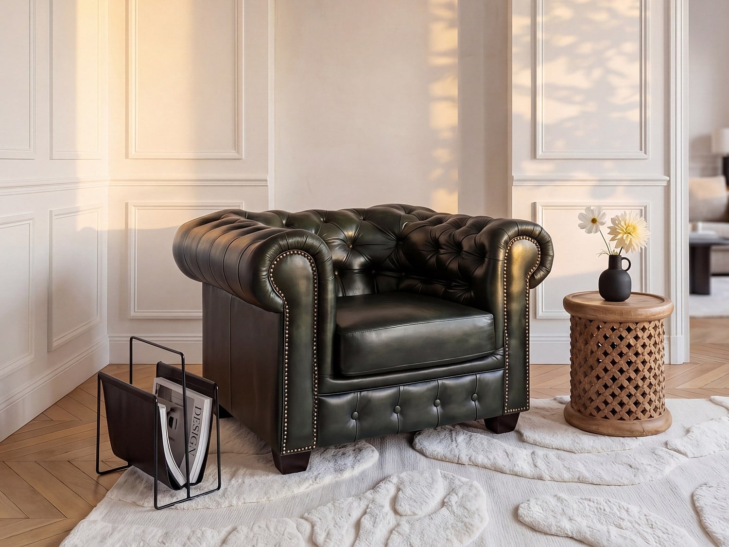 Vente-unique BRENTON Chesterfield fauteuil van 100% buffelleer in empire groen