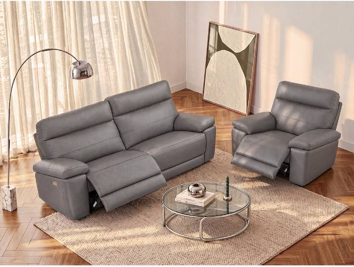 3-Sitzer-Sofa und Sessel Relaxfunktion - Leder - Grau RANIFA