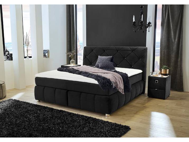 Boxspringbett, Mikrofaser, Schwarz, 180×200 cm, Kaltschaum-Topper, Jockenhöfer