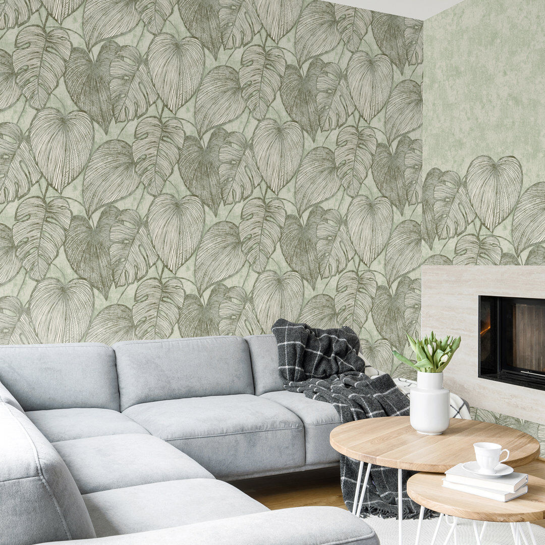 Marlow Home Co. Thaler Large Shimmery Monstera Leaf 8.5m x 70cm Wallpaper Roll Green/Cream