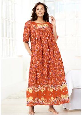 Plus Size Women's Bib-Front Short Sleeve Maxi Lounger by Only Necessities in Paprika Folk Floral (Size S)