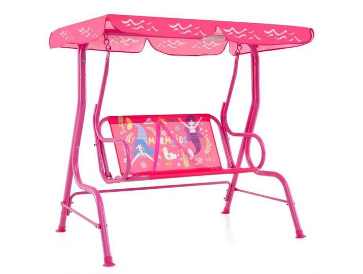 DREAMADE Balancelle 2 Places pour Enfants Balancelle avec Auvent Inclinable à 90° Joli Motif de Sirène pour Jardin Balcon Rose
