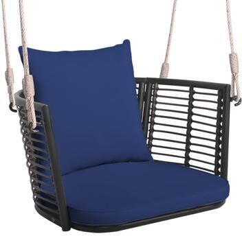 Costway Single Person Hanging Seat with Woven Rattan Backrest for Backyard-Blue