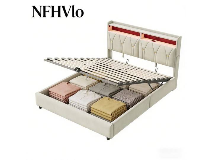 NFHVlo Lit 140x190 CM avec sommier Lit Coffre avec LED et USB Lit rembourré avec rangement Hydraulique