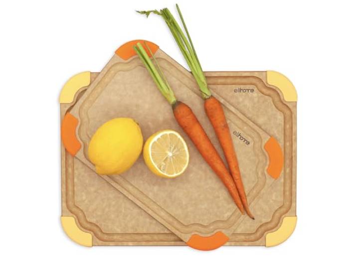 Elihome Premium Series 2-in-1-Küchen-Schneidebrett-Set, rutschfeste Füße, farbkodiert mit Lebensmittel-Symbol, natürliche Holzfaser, spülmaschinenfest, umweltfreundlich, Saftrillen, BPA-frei