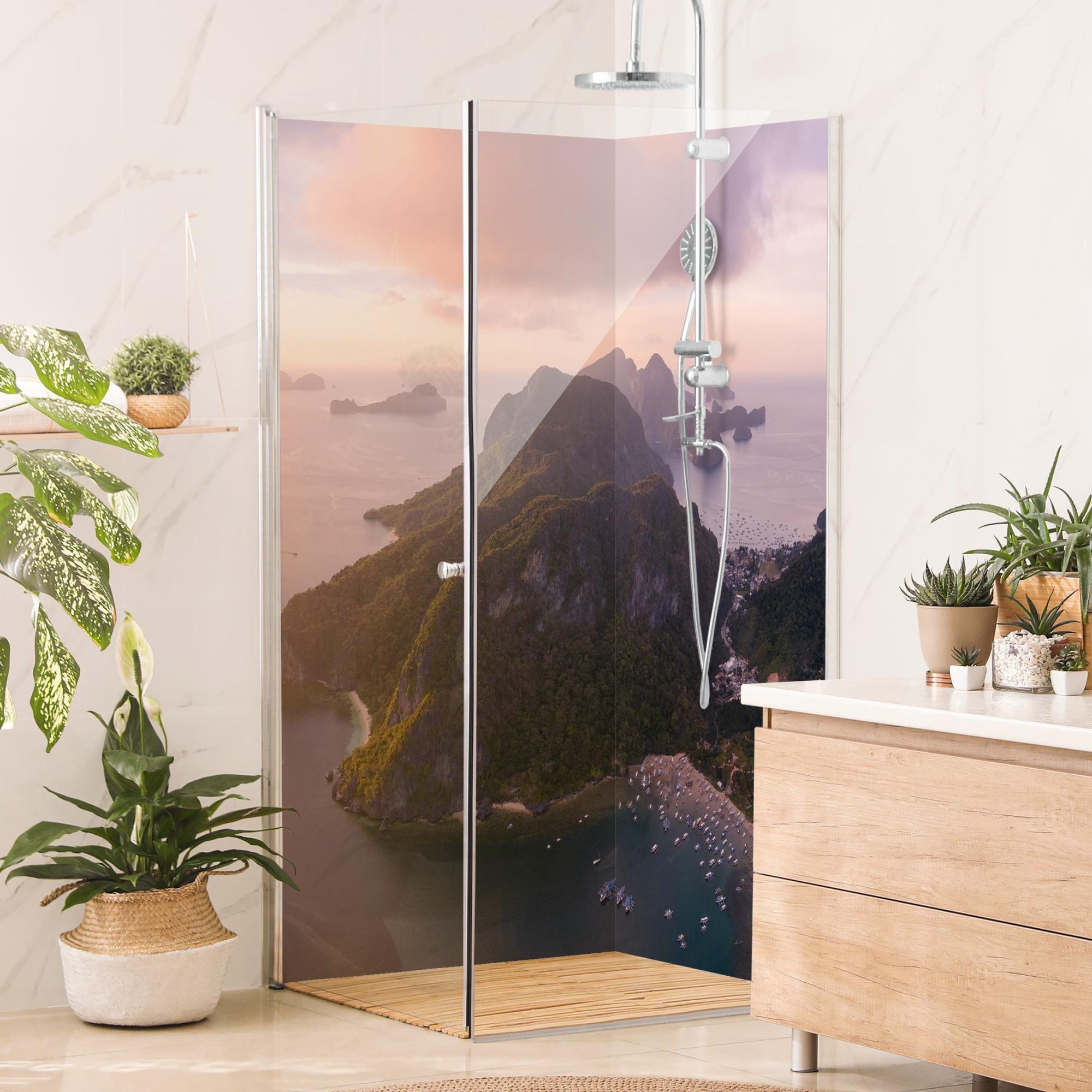 Duschrückwand Strand selbstklebend - 0.61 mm Wandpaneel wasserfest Meerblick violett Maritim Badrückwand fugenlos Premium matt 110x210 cm