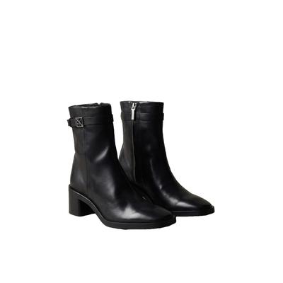 Stiefelette CALVIN KLEIN "BLOCK HEEL ANK BOOT LTH HDW", Damen, Gr. 37, Leder Textil, schwarz, Schuhe Stiefelette, Ankle Boots mit CK-Schnalle, eckige Schuhspitze und Reißverschluss