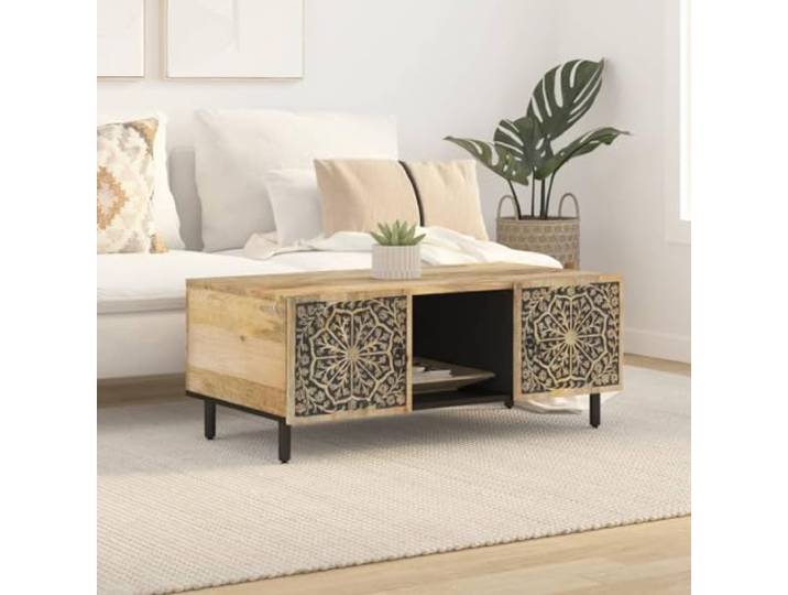 KTHLBRH Couchtisch 100 x 54 x 40 cm aus massivem Mangoholz Beine aus Eisen, handgeschnitztes Muster, Retro-Stil, stabile Tischplatte