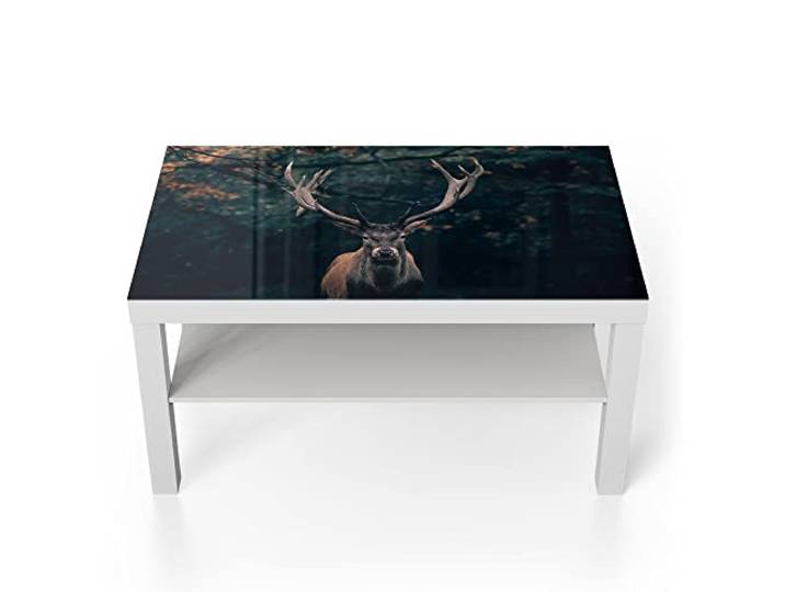 DEQORI Glastisch weiß groß 90x50 cm Motiv Elch im Teutoburger Wald ausgefallener Beistelltisch aus Glas Hochglanz Couchtisch fürs Wohnzimmer moderner Couch Tisch mit Design