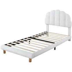 OKWISH Einzelbett Boucle Weiß 90x200 cm, Polsterbett mit Holzlattenrost und höhenverstellbarem Kopfteil