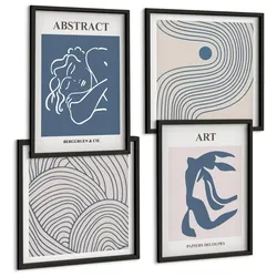 BILDER SET 4er Set - 50x50 cm & 40x60 cm Schwarzer Rahmen - Poster mit abstrakten Linien und Wellen
