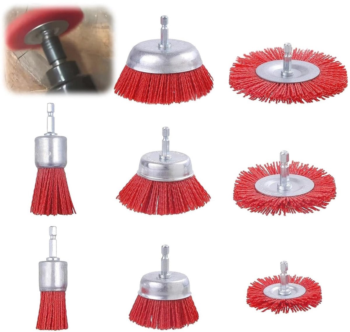 Markenlos Nylon borstelset van 8 stuks met zeshoekige schacht voor boormachine, rood