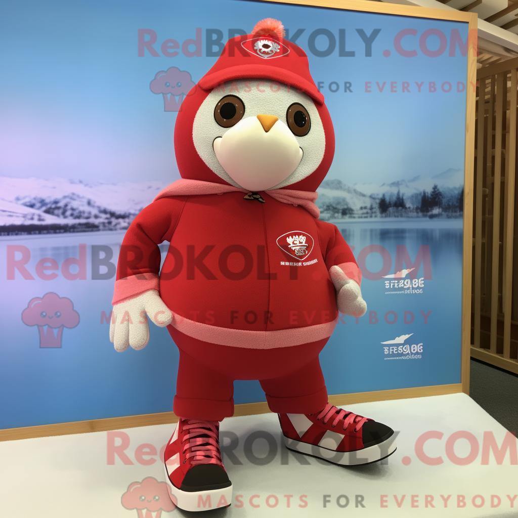 Maskottchen REDBROKOLY eines roten Paar Schlittschuhe bekleidet mit Chinos und Schalkragen