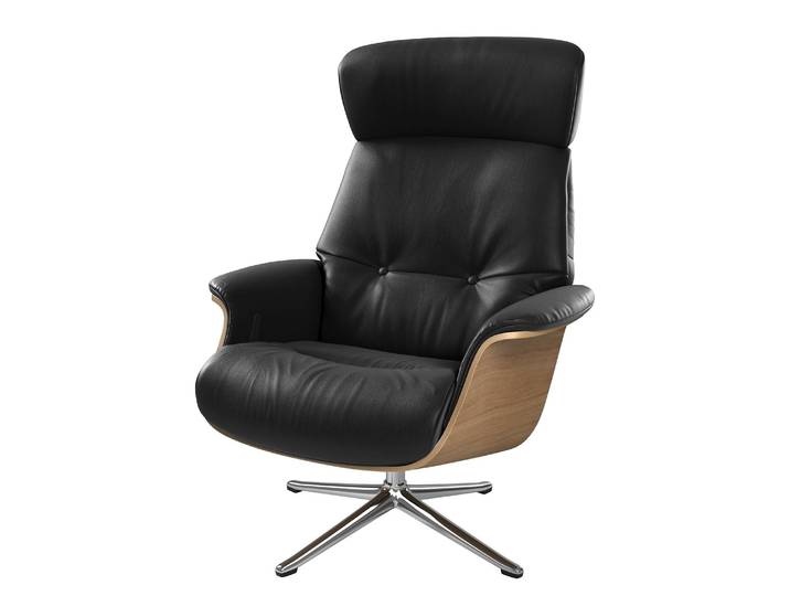 Sessel manuell verstellbar Schwarz/Schwarz Echtleder Neka Eiche Chrom glänzend 83 x 110 x 88cm
