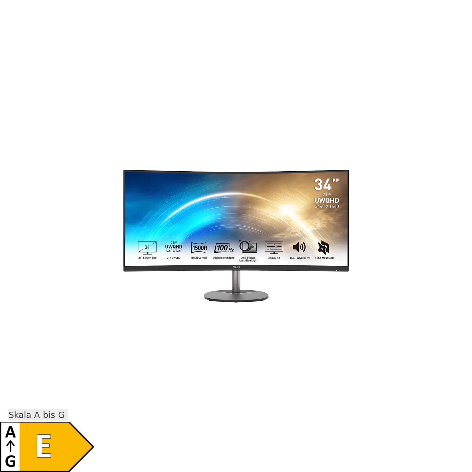 MSI PRO MP341CQDE, Schwarz, 34 Zoll, Curved, UWQHD, VA, 100 Hz, 1 ms (HDMI, DisplayPort, neigbar, AMD FreeSync)