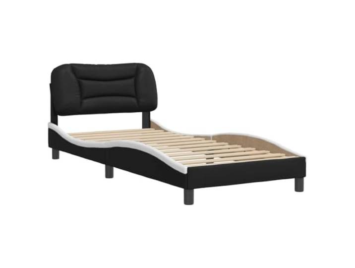 KTHLBRH Bettgestell Hvar Schwarz und Weiß 80 x 200 cm aus Kunstleder Gepolstertes Kopfteil, Sperrholzleisten, gewelltes Design, leicht zu reinigen