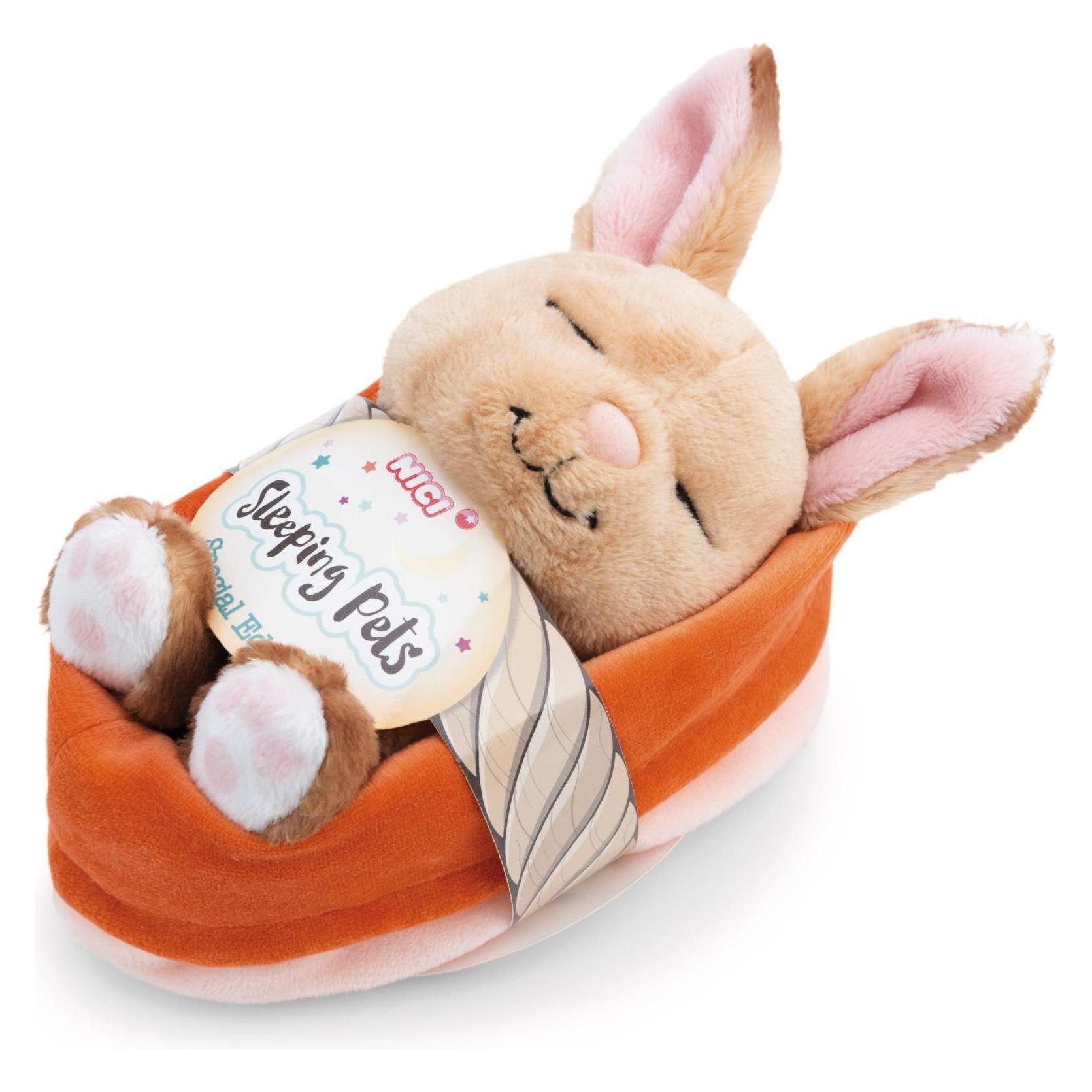 Magni NICI Kuscheltier Hase mit Karotte schlafend im Körbchen peach 12cm (8 cm) (61584)