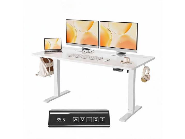 Bureau électrique ergonomique 160x70 cm blanc - Assis-debout réglable hauteur mémoire - Grand plateau stable télétravail