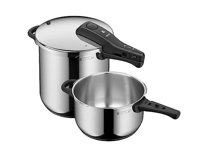 WMF Perfect One Pot Schnellkochtopf Set Induktion 2-teilig, Dampfkochtopf 8,5l + 4,5l ohne Einsatz, großes Kochsignal, 2 Kochstufen, abnehmbarer Deckelgriff