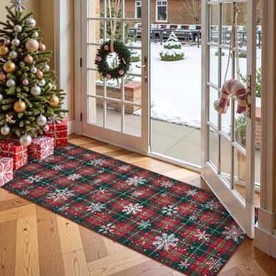 Garvee Christmas Plaid Snowflake Washable Low Pile Area Rug