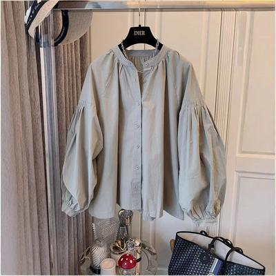 Uplift Picks Womens Stand Collar Lantern Sleeve Shirt Korean Chic Oversized Button Up Blouse gray m
