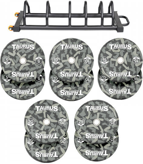 Taurus Camo Olympic Rubber Bumper Weight Plates 150kg Set with Toast Rack