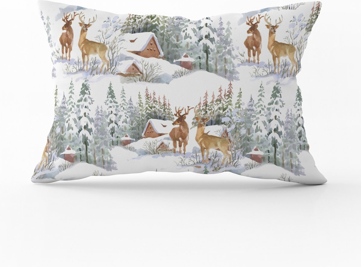 De Groen Home Velvet Kussenhoes Kerst - Rendieren & Berghuisje - 30 x 50 cm