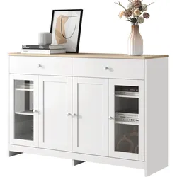 Merax Sideboard mit gehärteten Glastüren und Schubladen, Küchenschrank, Kommode im Landhausstil, Breite 120cm