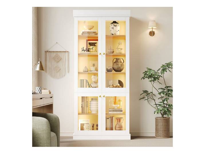 Celya Vitrine Moderner Standhochschrank mit integrierter LED-Stimmungsbeleuchtung (Glasvitrine, durchdachter Innenaufteilung und Kippschutz) stabil, sicher und vielseitig für Zuhause