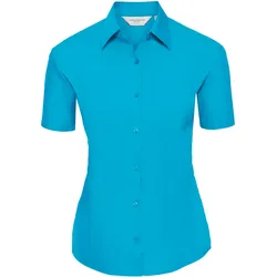 Russell Collection Klassische Baumwollmischgewebe Popeline Bluse - Kurzarm, turquoise, S