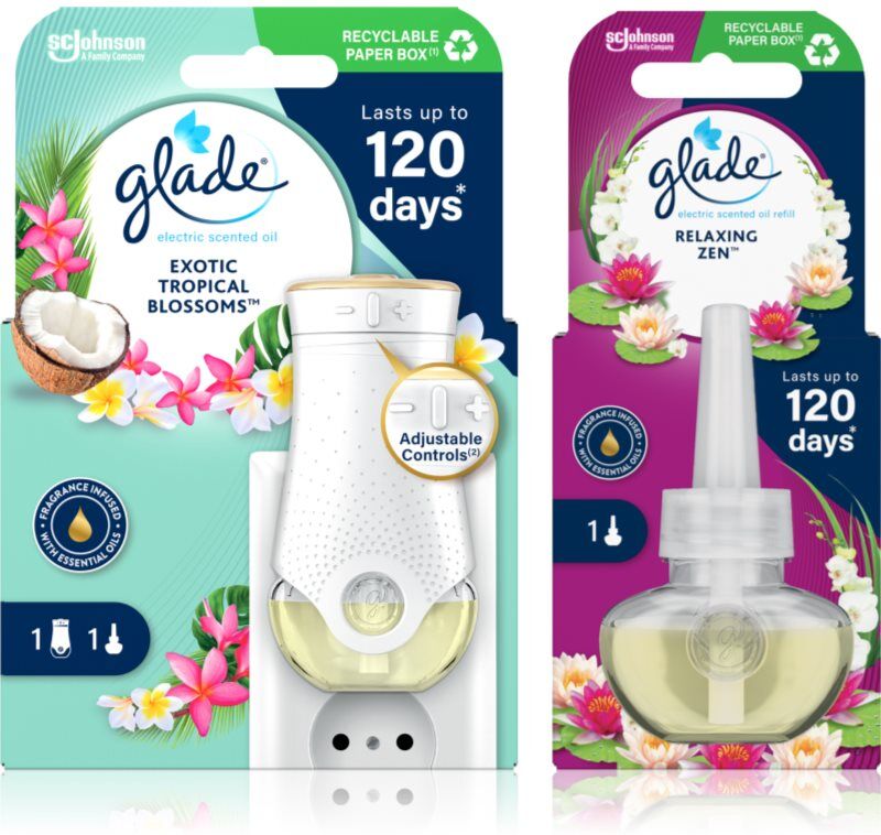 GLADE Electric scented oil Exotic Tropical Blossom + Relaxing Zen conditionnement avantageux 3 pcs
