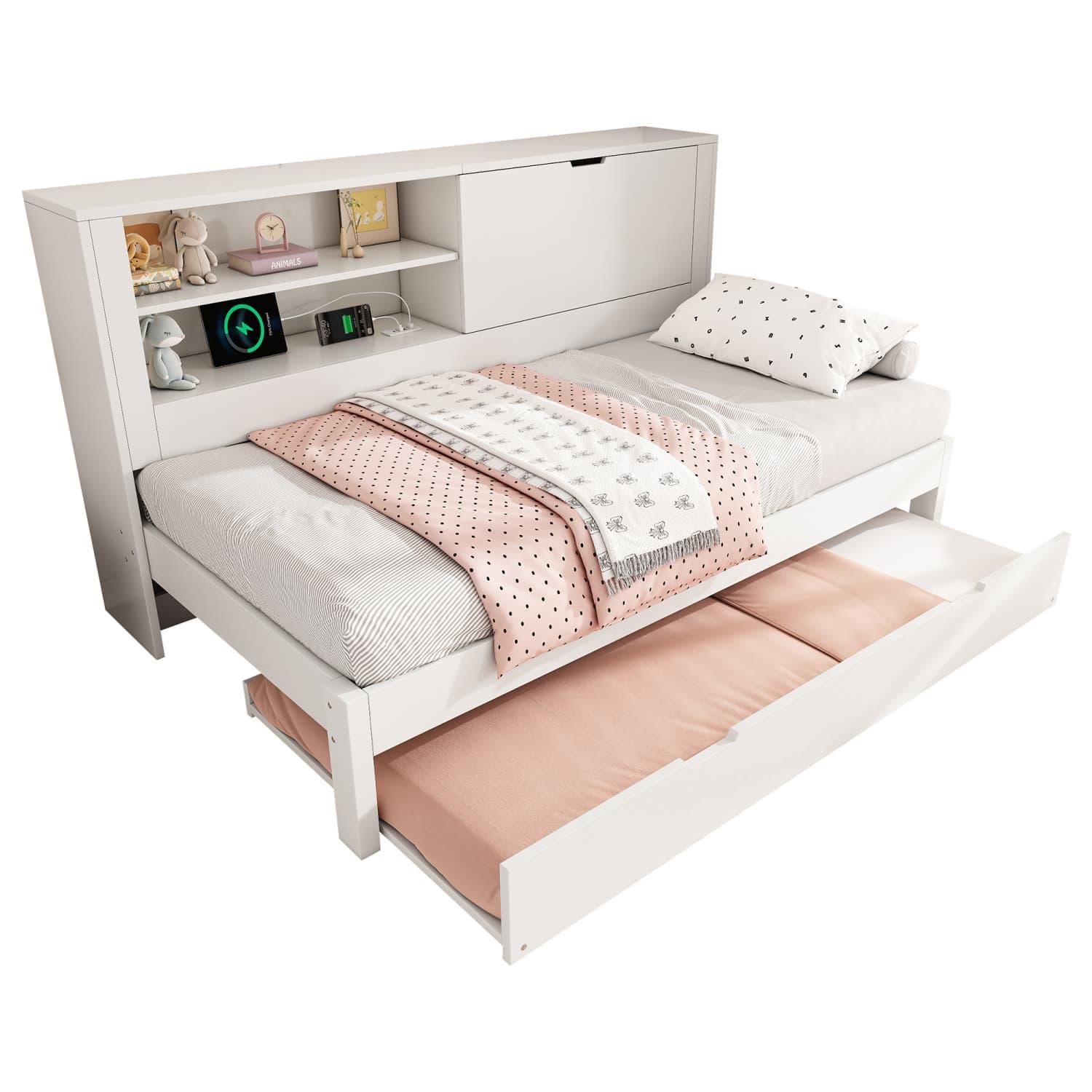 Schlafsofa Einzelbett mit Ausziehbett 90×190, weißes Bettgestell mit Stauraum-Rückwand,offenes Fach,verdeckter Klapp-Stauraum,USB/USB-C Ladestation