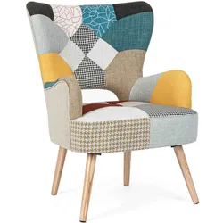 Sessel Galatea mit Stoff-Bezug, klassischer Stil, Patchwork-Design, Naturholzgestell, bunt