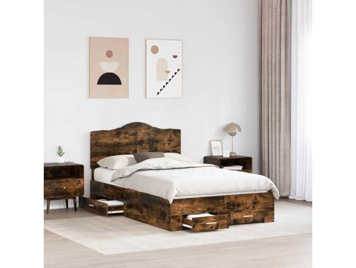 SKTQYQO Bettgestell, Eichengrau, 135 x 190 cm, mehrschichtiges Holz Mit Kopfteil, Schubladen, Höhe 32 cm, einfache Montage, feuchtes Tuch