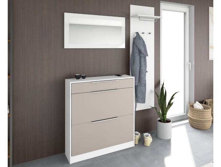 Garderoben-Set BORCHARDT MÖBEL Oliva, Schuhschrank, Spiegel, Garderobenpaneel , weiss (weiß, capuccino), Holzwerkstoff, Kastenmöbel-Sets, Garderoben-Set