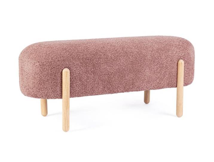 Banc en tissu bouclé rose foncé, pieds en bois de caoutchouc