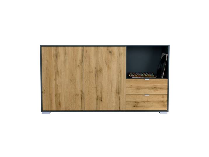 Buffet Milano commode 2 portes Chêne Evoke & 2 tiroirs Chêne Evoke corps anthracite mat (152 5x83x37 cm)