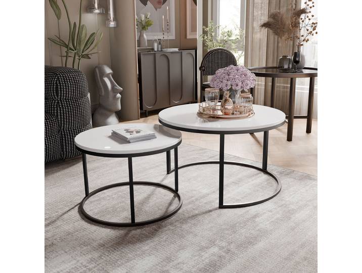 Grekpol Table basse ronde 2en1 Lavo en haute brillance avec structure métallique Table basse de salon style moderne Table basse 80x48 cm+60x42 cm (Ø x H) Couleur : Noir / Blanc brillant