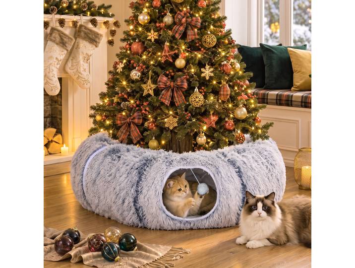 PawHut Tunnel Chat Intérieur Lit Donut Coussin Lavable 90x80x27cm Gris