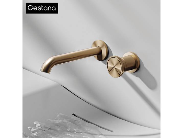 Robinet de lavabo mural en laiton doré brossé de luxe, design moderne à poignée unique avec réglage du débit/eau chaude et froide