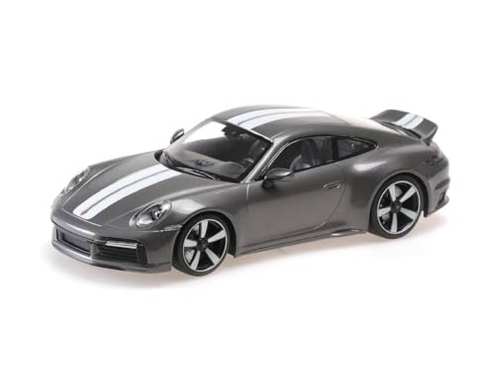 Minichamps 155062002 Porsche 911 (992) Sport Classic Grijs Metallic 2022 met Streep - Schaal 1/18 - Modelauto