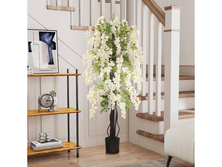 Plante artificielle en pot, élégant arbre artificiel avec des fleurs blanches en cascade, plante décorative artificielle pour la maison, la chambre et le bureau, sans entretien