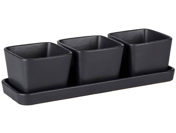 Dipschale WENKO Snack & Dip , schwarz, H:7cm L:30,5cm, Keramik, Schüsseln, Dipschale, Snackschalen für Knabbereien, Dips & Antipasti, je 300 ml, mit Tablett