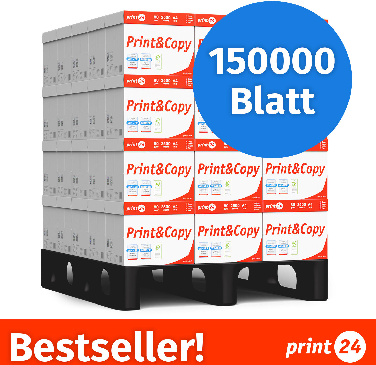 print24 Druckerpapier Kopierpapier 150000 Blatt 60 x 2500 A4 Premium Hochweiß CIE 160 Testsieger PEFC zertifiziert