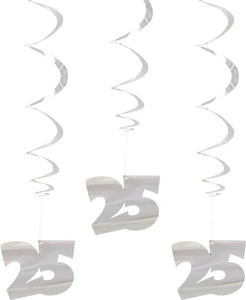 Folat Party Products Zilverkleurige Hangdecoratie 25 Jaar - 3 stuks