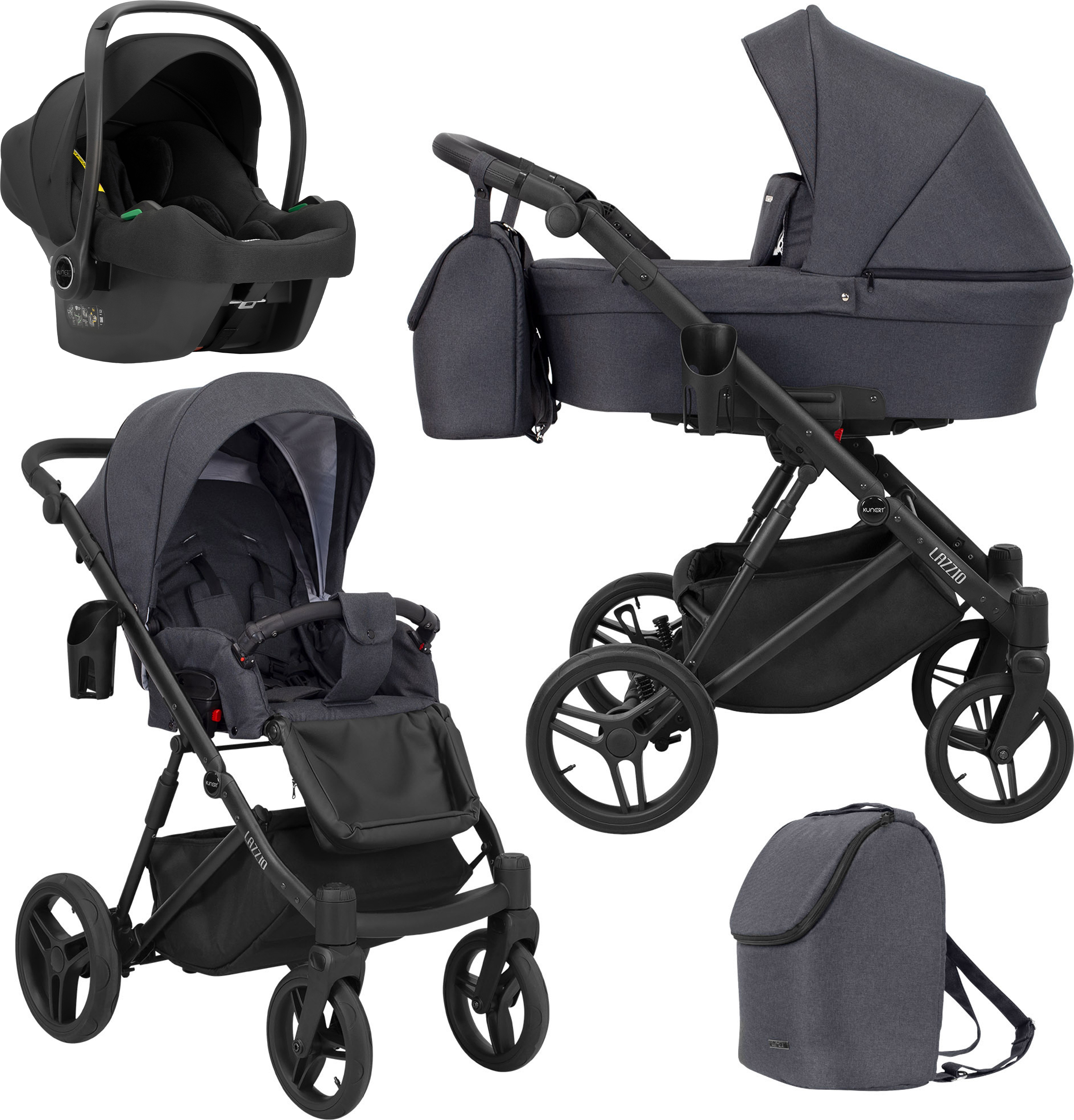 Kinderwagen LAZZIO Sportwagen Babywagen Babyschale Komplettset Kinder Wagen Autositz Set 3 in 1 (LAZ-08, Rahmenfarbe: Schwarz)