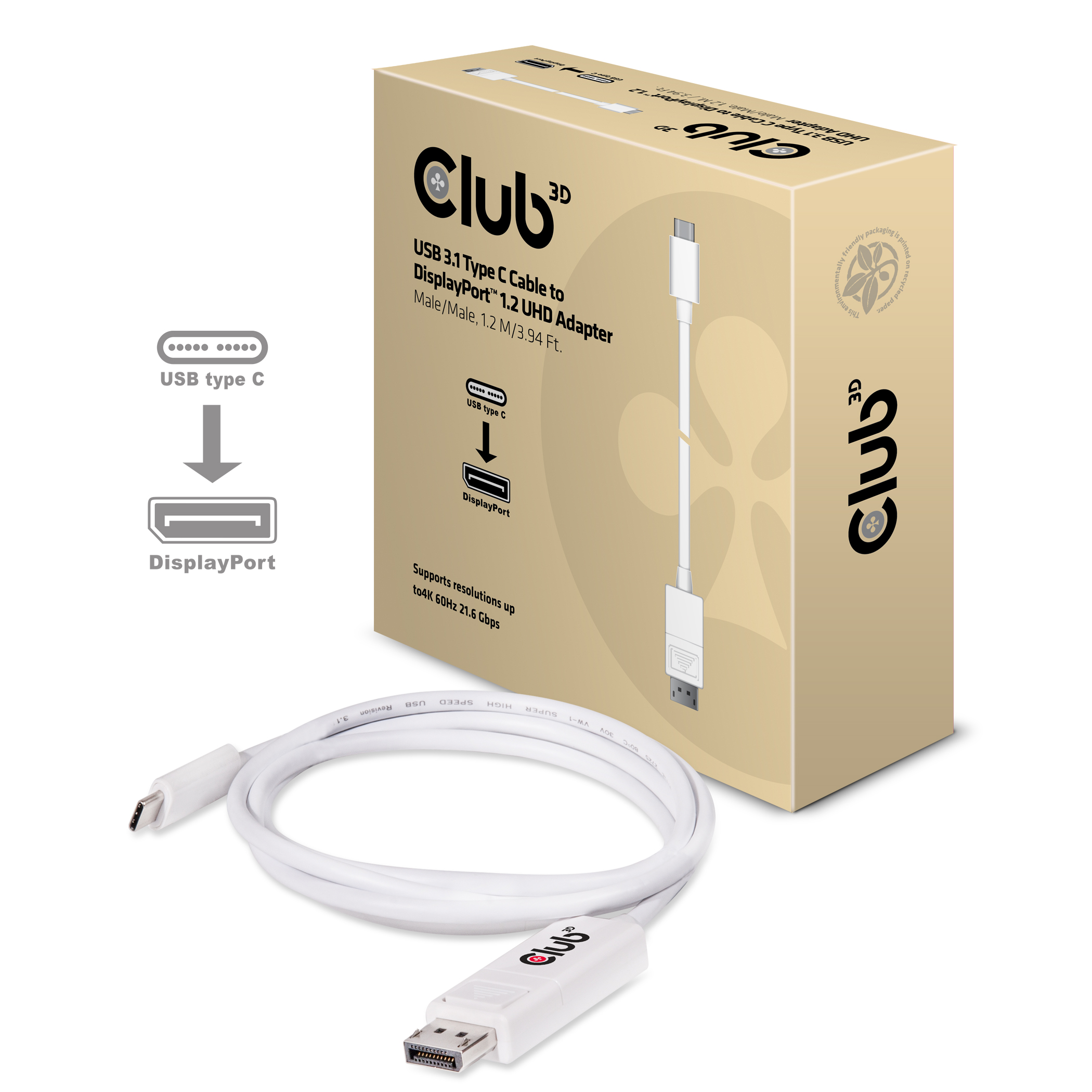 Club 3D DisplayPort-Kabel USB-C M bis DisplayPort M 1.2 m 4K Unterstützung (CAC-1517)
